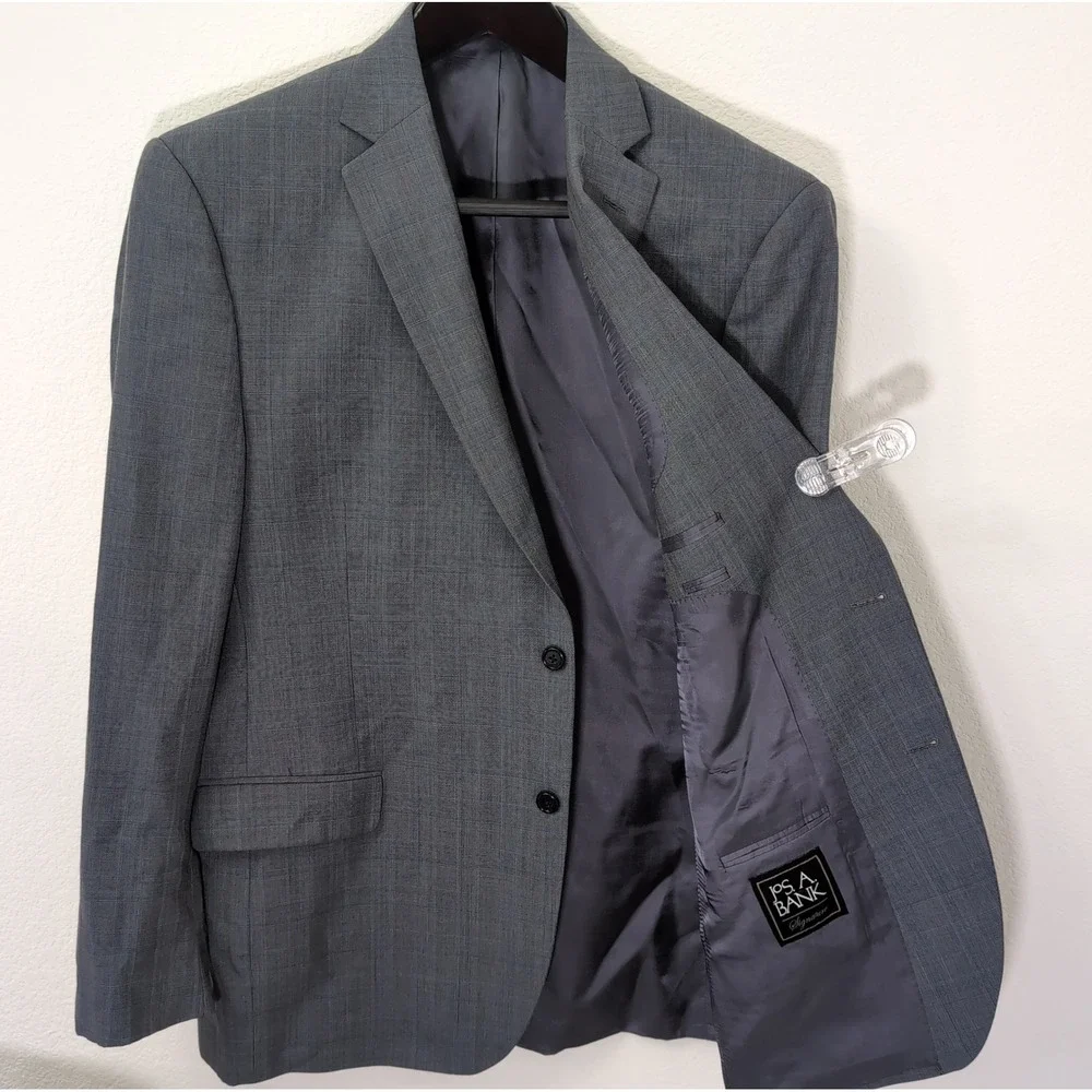 Jos A Bank Mens Signature Blazer 46L Grey Wool Silk Glen Plaid Sport Coat Jacket